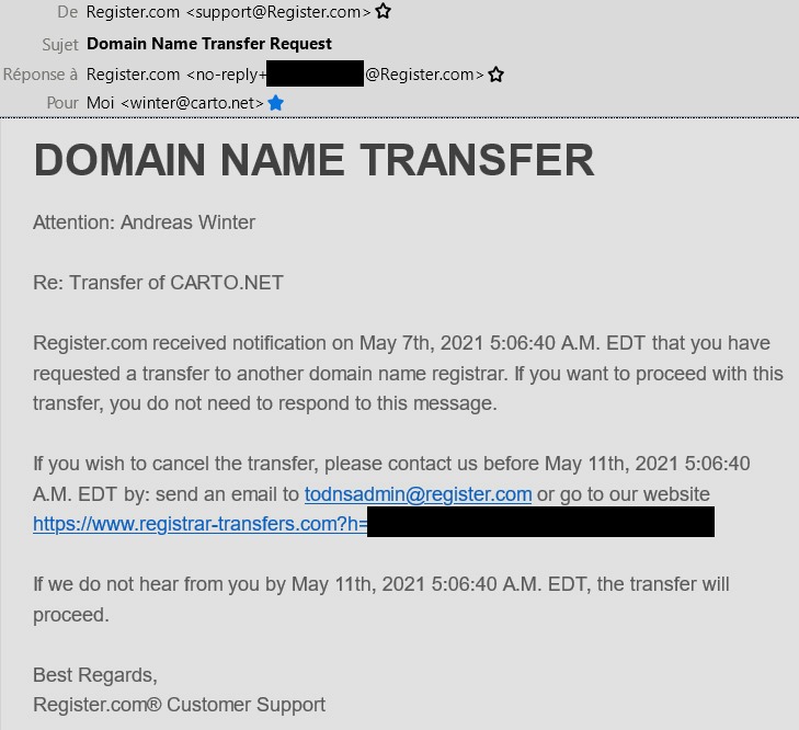 Transfer-Bestätigung von register.com