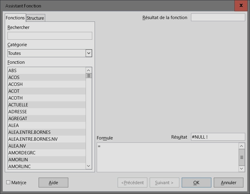 Fenêtre Assistant Fonctions de Libre Office Calc