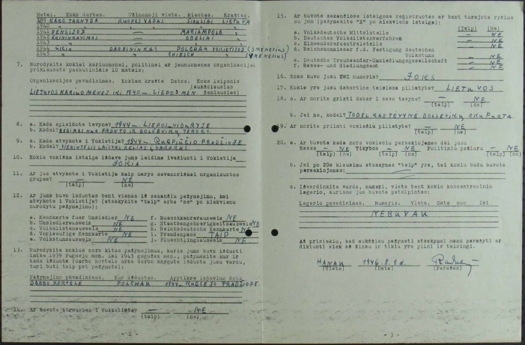 Fragebogen zur Registrierung als Deplaced Person ausgefüllt von Gregor