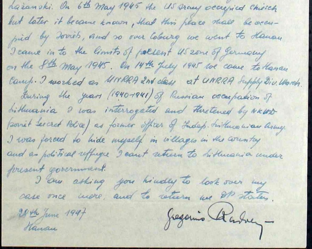 Handschriftliches Ansuchen von Gregor zur Erlangung des Flüchtlingsstatus vom 28. Juni 1947