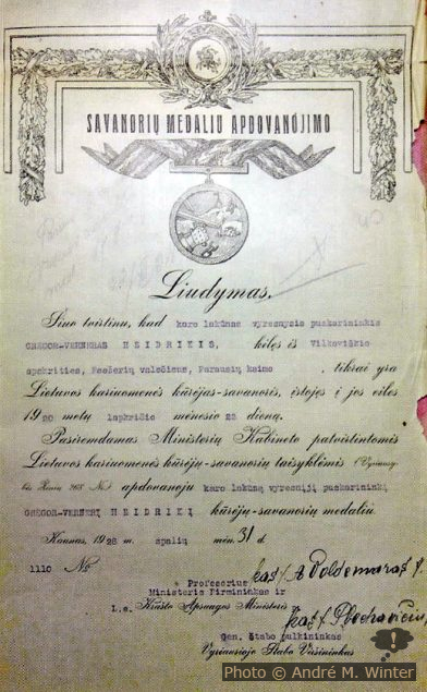 Gregors Urkunde der Freiwilligenmedaille der litauischen Streitkräfte