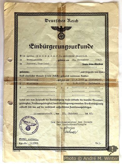 Einbürgerungsurkunde Lydia in Litzmannstadt