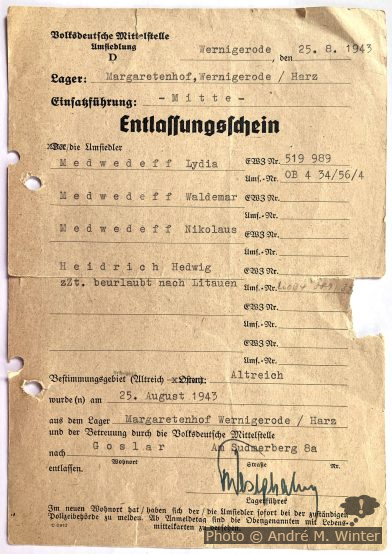 Entlassungsschein Lager Margartenhof für Hedwig, Lydia, Nikolaus und Waldemar