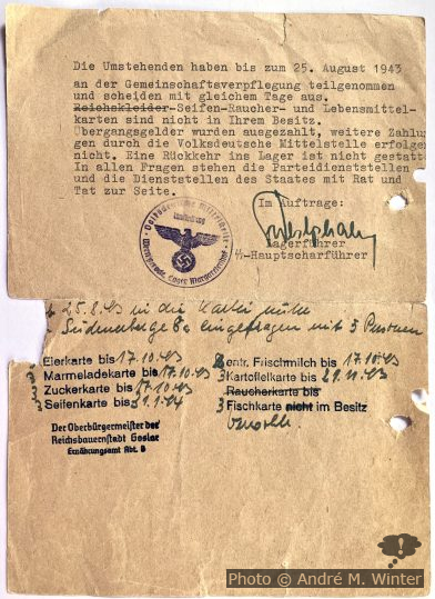 Entlassungsschein Lager Margartenhof Rückseite mit Information zu Lebensmittelkarten
