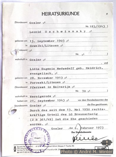 Heiratsurkunde mit Scheidung von Lydia