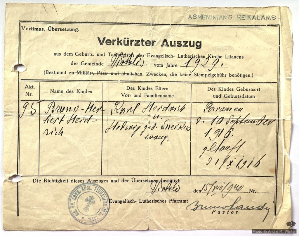 Deutsche Taufurkunde-Auszug von Bruno aus Virbalis