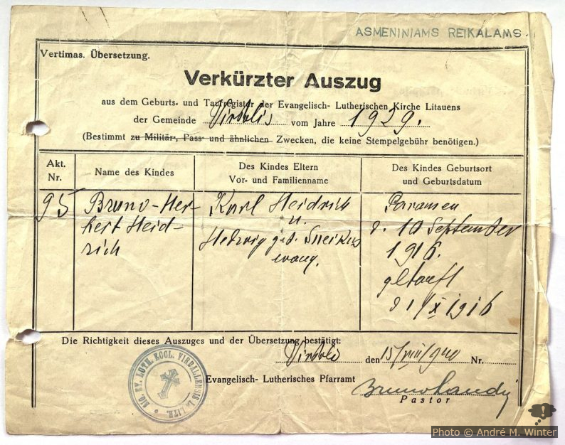 Deutsche Taufurkunde-Auszug von Bruno aus Virbalis