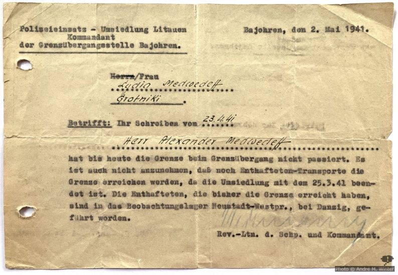 Mitteilung Grenzübergangsstelle Bajohren zu Alexander Medwedeff